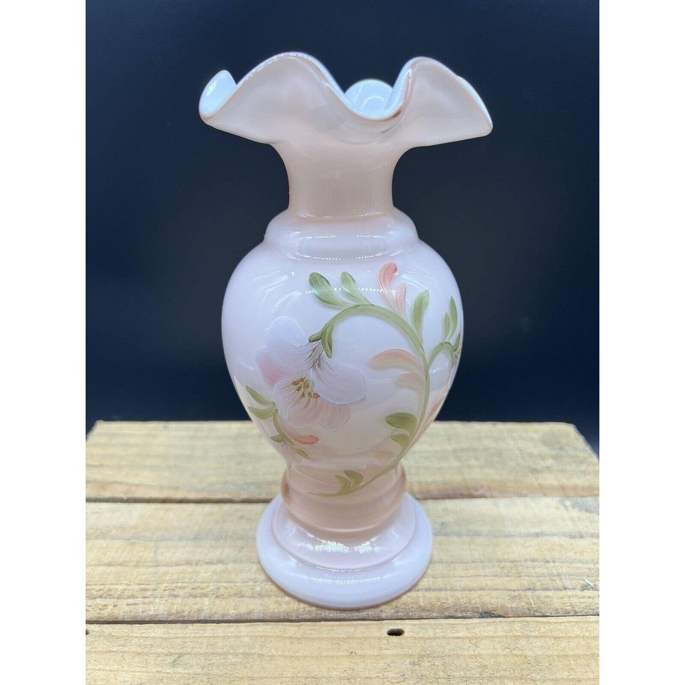 Fenton Sunset Overlay 2002 Baroque Floral Vase Signed Hand Painted